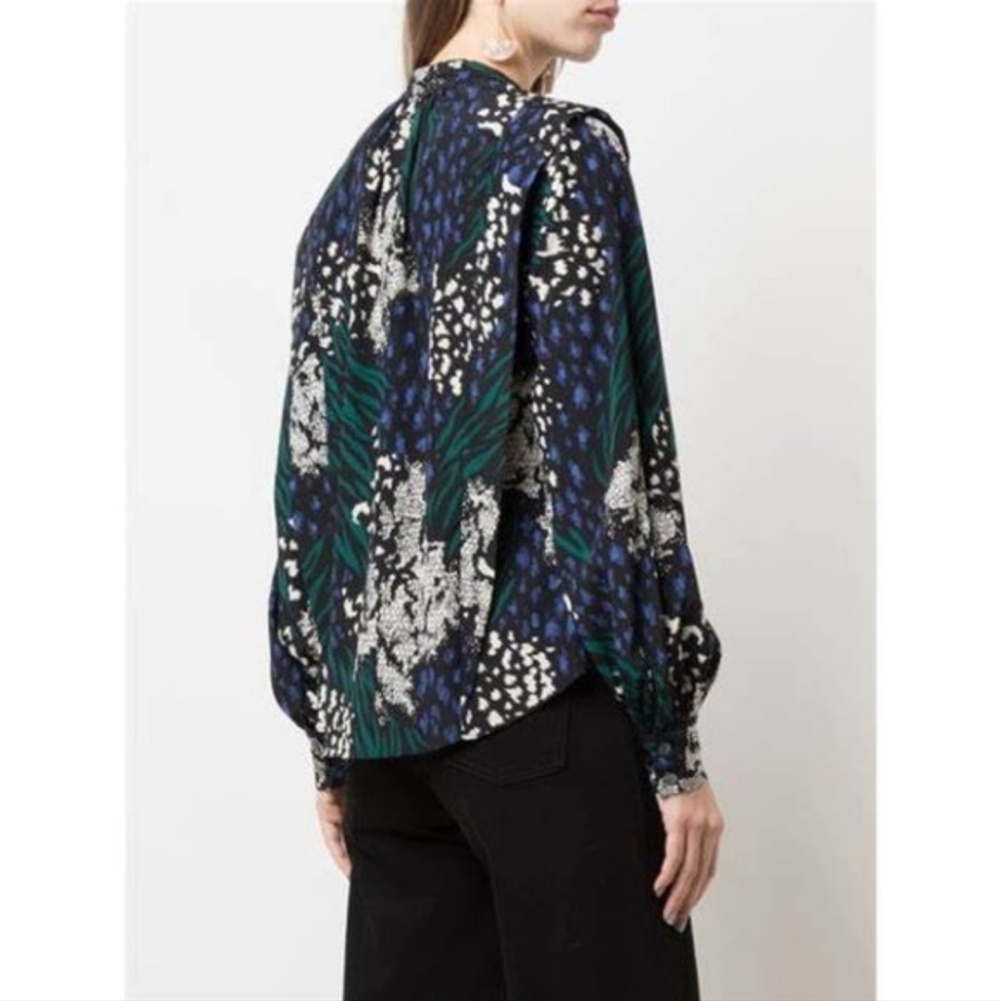 Veronica Beard Buckley Floral Silk Blouse Green Black Size 00 Loose Fit Preppy - Picture 3 of 13
